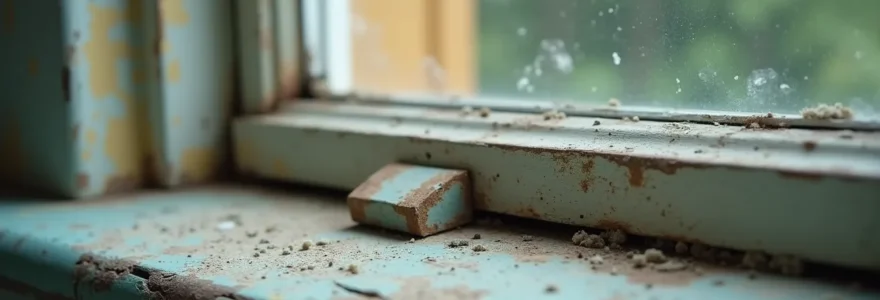 Gros plan sur une ancienne fenêtre montrant des signes d'usure et de détérioration