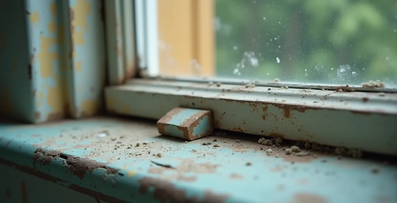 Gros plan sur une ancienne fenêtre montrant des signes d'usure et de détérioration
