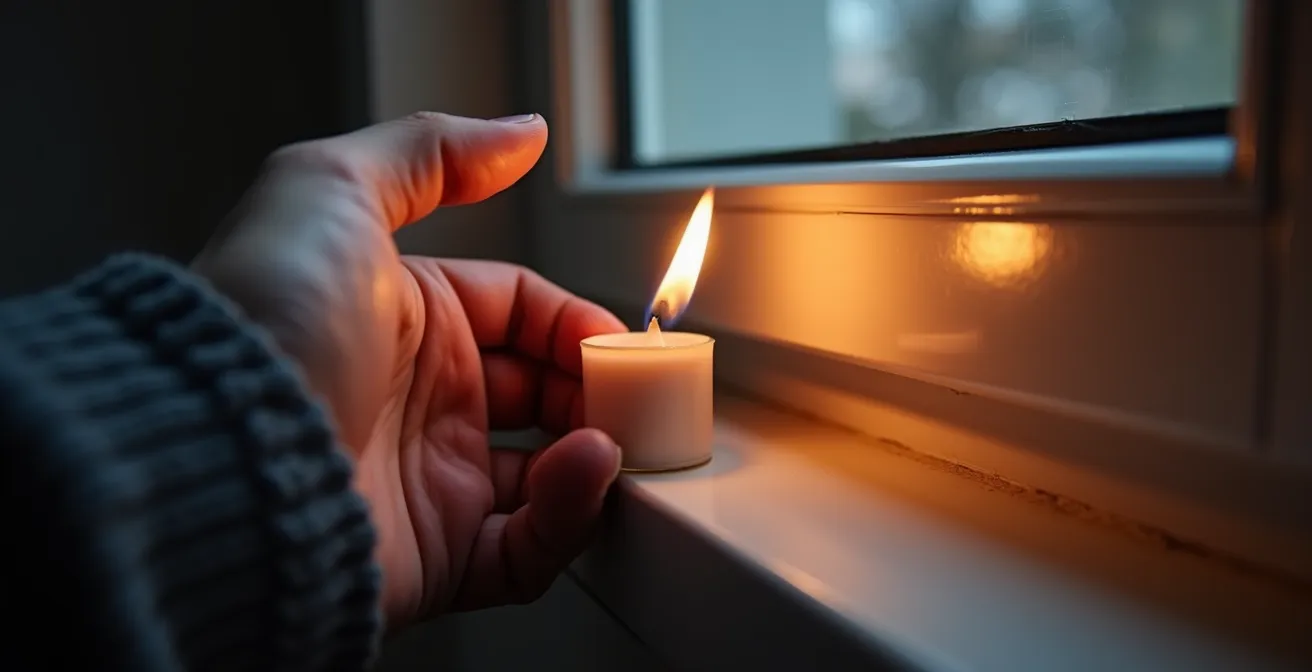 Main tenant une petite flamme près d'une fenêtre pour tester l'étanchéité
