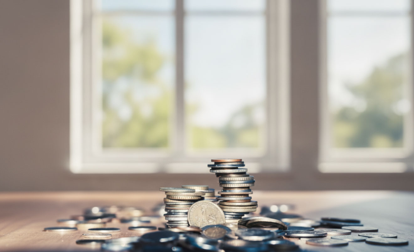 Composition abstraite montrant quatre arbres miniatures représentant les saisons avec des pièces de monnaie canadiennes s'accumulant progressivement sous chacun, symbolisant la croissance des économies d'énergie au fil du temps