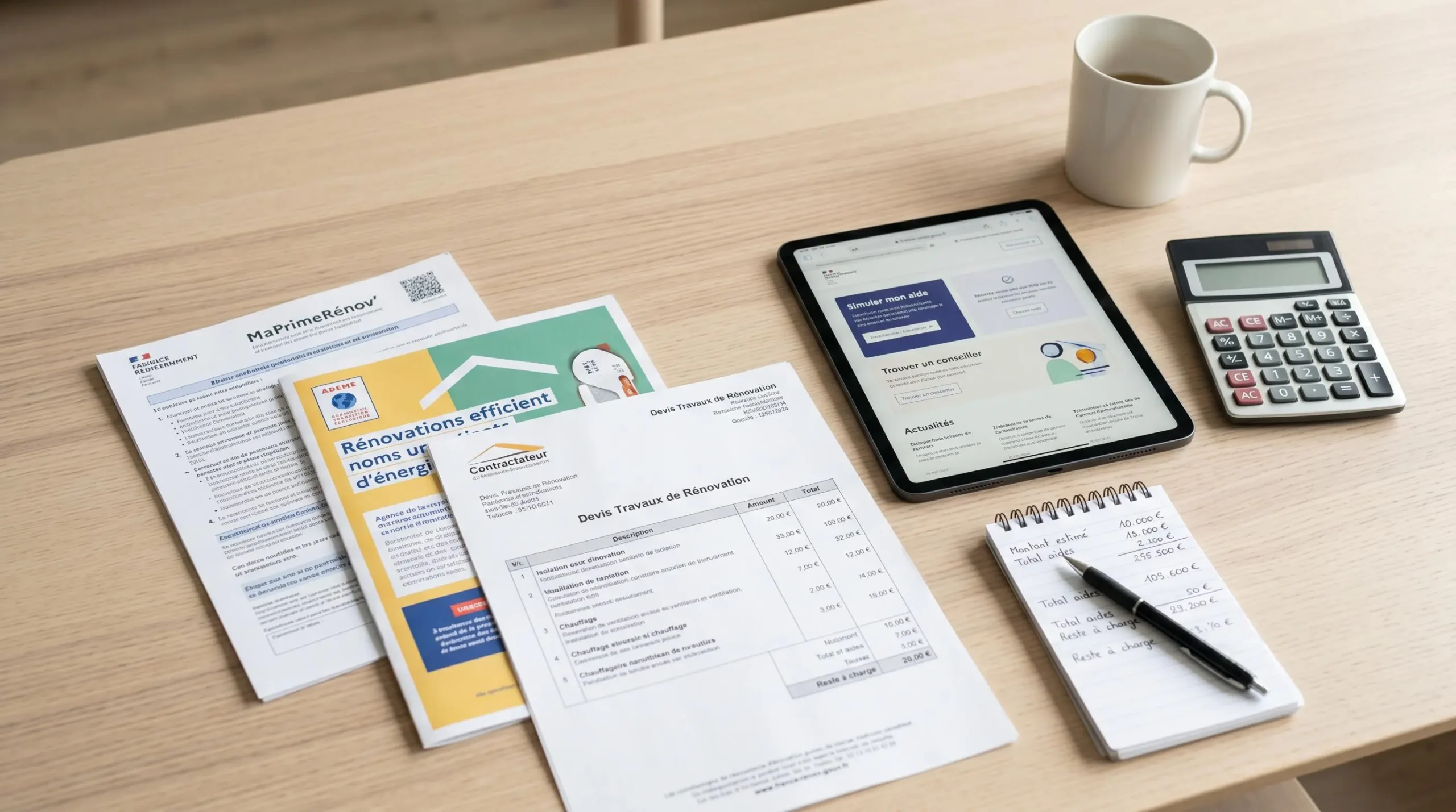 Bureau organisé avec documents MaPrimeRénov', brochure ADEME, tablette affichant site france-renov.gouv.fr et calculatrice pour simuler aides financières rénovation