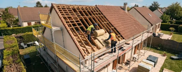 Chantier de rénovation toiture sur maison individuelle avec artisans installant isolation en laine minérale sur charpente exposée, échafaudage et tuiles partiellement retirées visibles