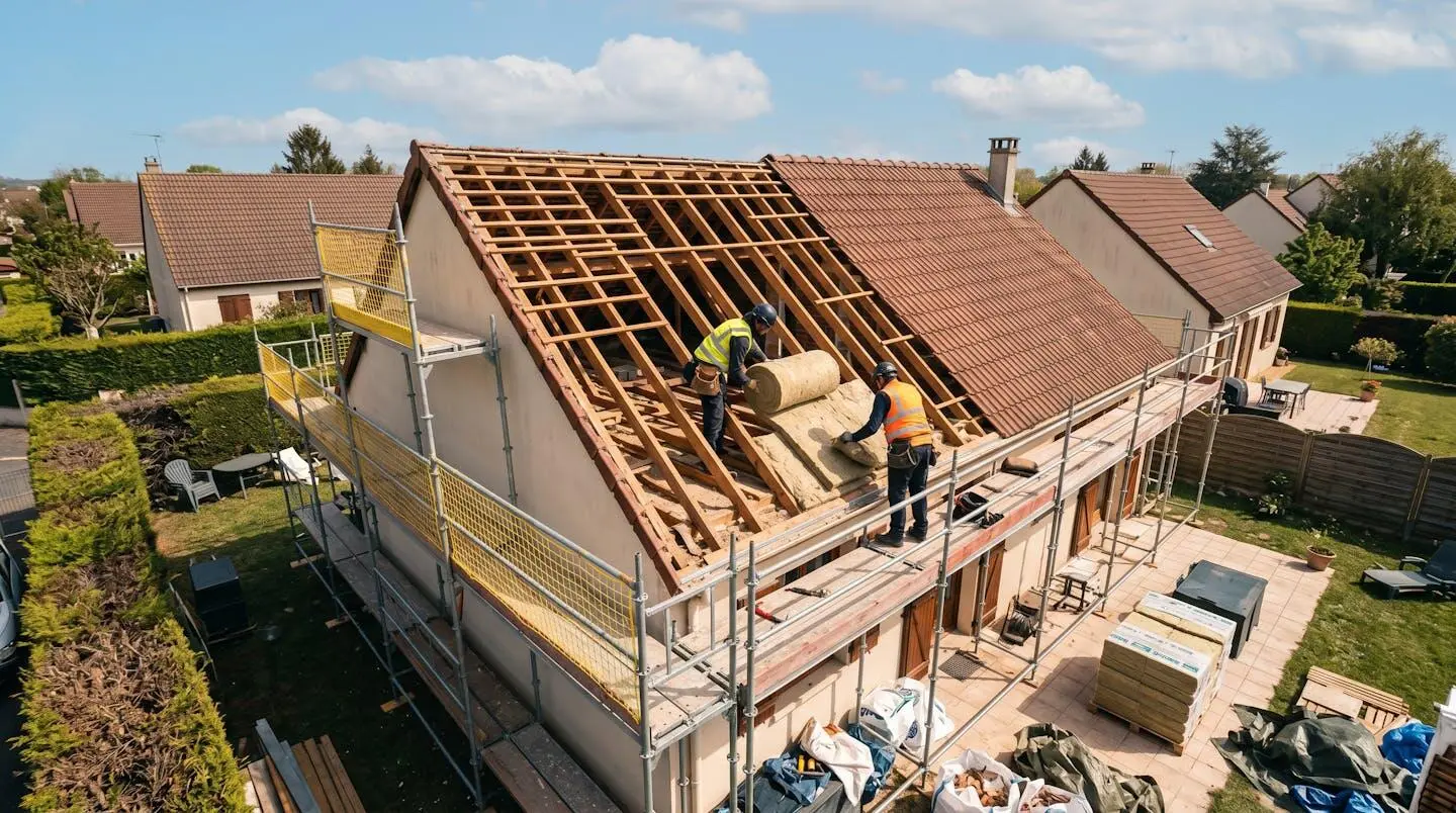 Chantier de rénovation toiture sur maison individuelle avec artisans installant isolation en laine minérale sur charpente exposée, échafaudage et tuiles partiellement retirées visibles