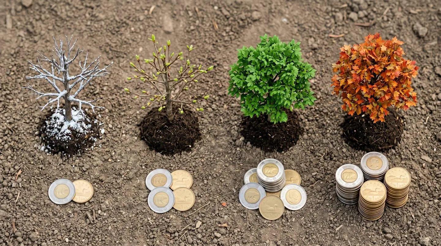 Composition abstraite montrant quatre arbres miniatures représentant les saisons avec des pièces de monnaie canadiennes s'accumulant progressivement sous chacun, symbolisant la croissance des économies d'énergie au fil du temps