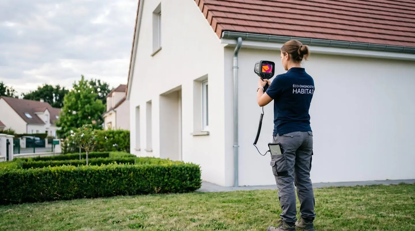Diagnostiqueur réalisant analyse thermographique de toiture avec caméra infrarouge sur maison individuelle