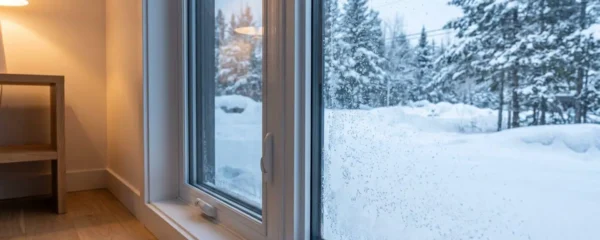 Fenêtre à triple vitrage moderne vue de l'intérieur séparant un espace intérieur chaleureux aux tons bois clair d'un paysage extérieur hivernal enneigé québécois, illustrant l'efficacité de l'isolation thermique
