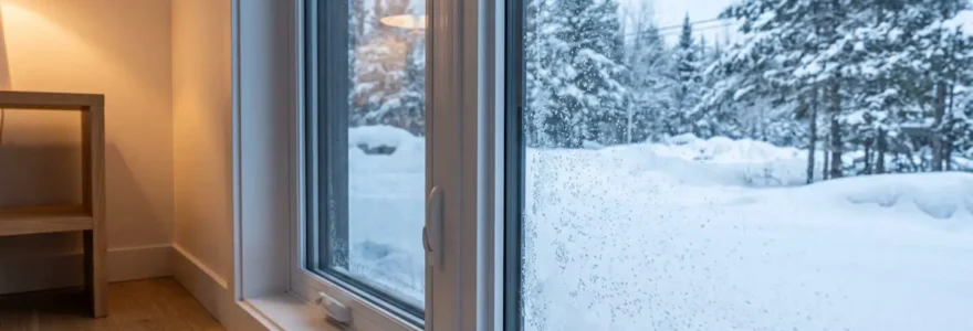 Fenêtre à triple vitrage moderne vue de l'intérieur séparant un espace intérieur chaleureux aux tons bois clair d'un paysage extérieur hivernal enneigé québécois, illustrant l'efficacité de l'isolation thermique