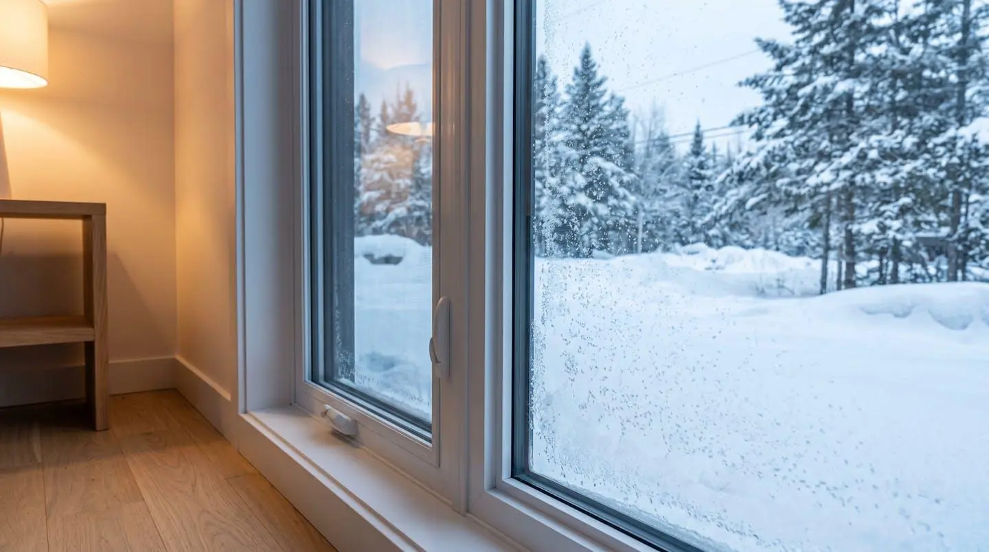 Fenêtre à triple vitrage moderne vue de l'intérieur séparant un espace intérieur chaleureux aux tons bois clair d'un paysage extérieur hivernal enneigé québécois, illustrant l'efficacité de l'isolation thermique
