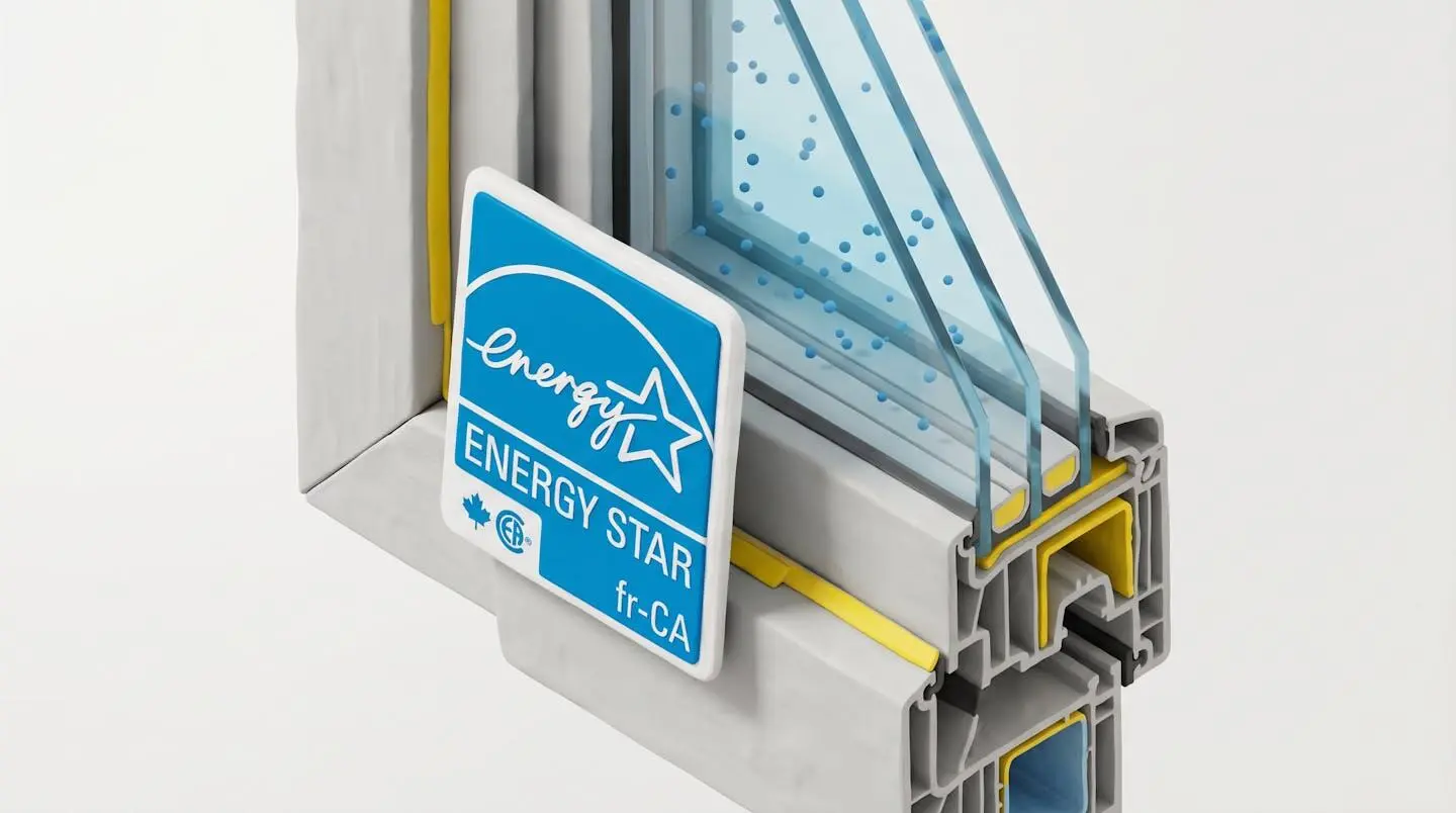 Illustration 3D isométrique d'une étiquette ENERGY STAR apposée sur une fenêtre en coupe technique montrant les trois couches de vitrage et le gaz argon entre les panneaux