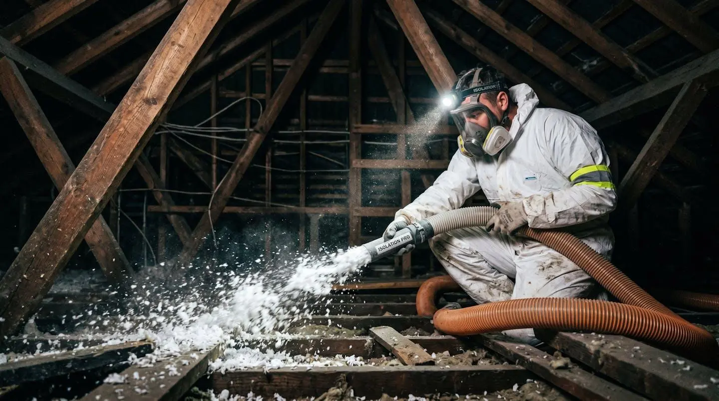 Technicien en combinaison de protection appliquant isolation par soufflage de laine minérale dans combles perdus avec machine industrielle