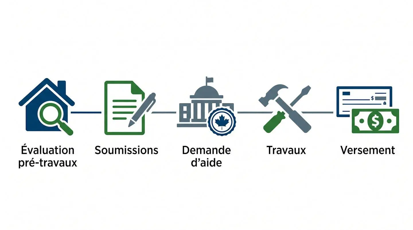 Timeline en flat design illustrant les 5 étapes du processus de demande de subvention Rénoclimat depuis l'évaluation énergétique jusqu'au versement de l'aide financière