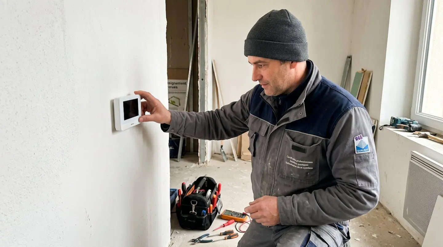 Installateur certifié français réglant un thermostat connecté blanc fixé au mur d'une maison en rénovation, outils professionnels au sol