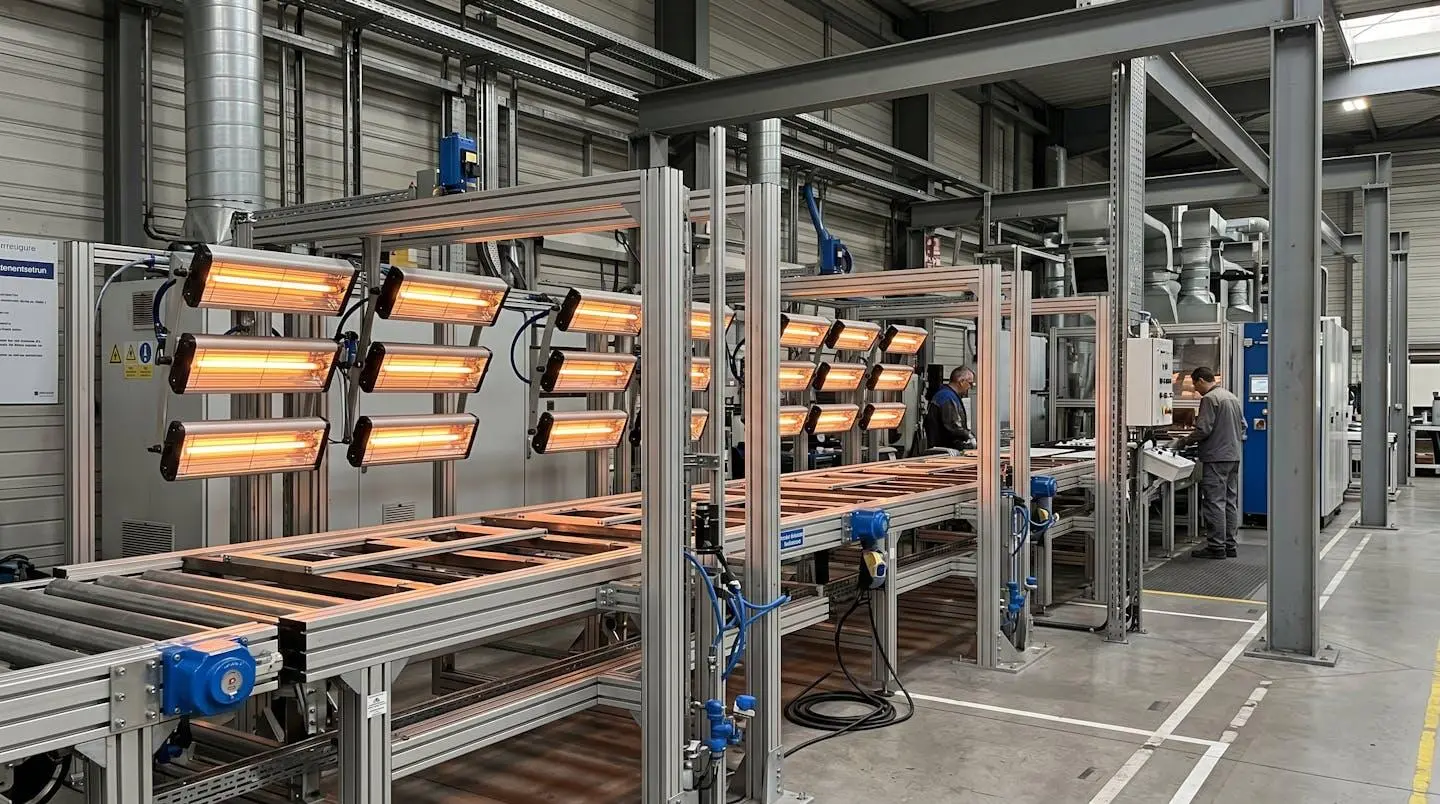 Ligne de production industrielle française avec rangées d'émetteurs infrarouges installés au-dessus d'un convoyeur pour processus de séchage